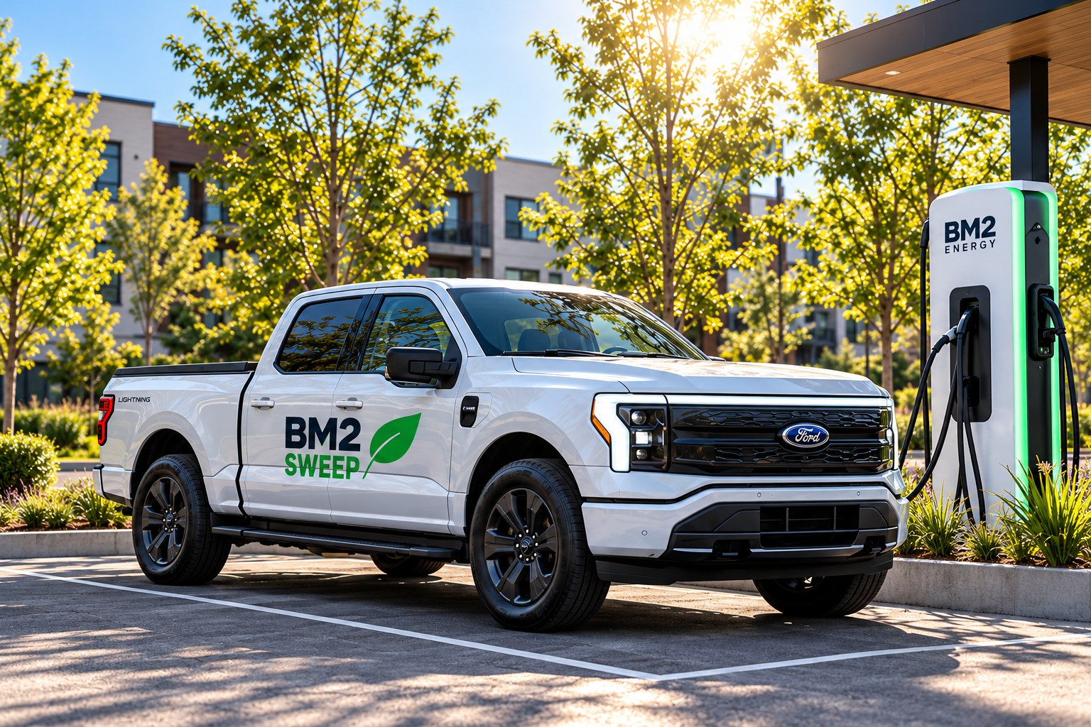 BM2 Energy concept: a silver BM2 Sweep electric pickup beside a green charging station in a leafy neighborhood.